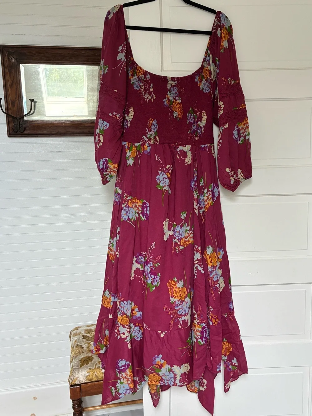 Free People Burgundy Wine Smocked 100% Cotton Fairy Gypsy Floral Maxi Dress